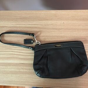 Coach Black Leather Pleated Wristlet with Silver Hardware